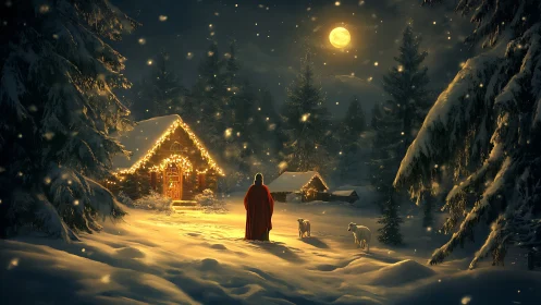 Moonlit alpine cabin with cloaked figure and dogs in snow