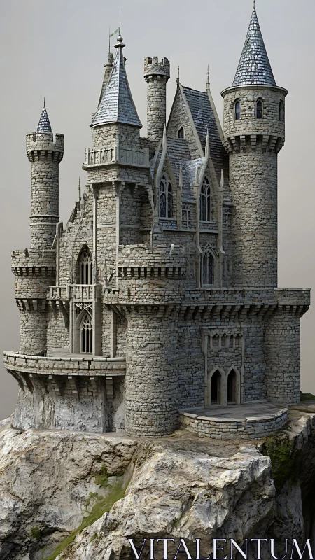 Stone cliffside castle with tall turrets and spires.