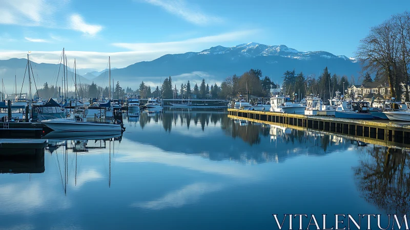 Serene marina rests beneath snowcapped mountains at dawn.