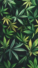 Lush cannabis leaves overlap in a vivid botanical pattern