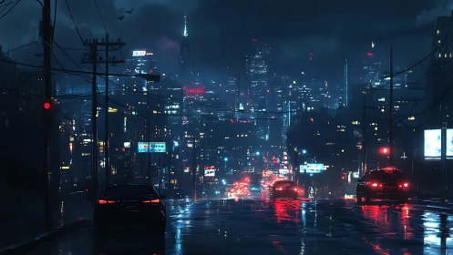 Nighttime urban street shows wet roadway facing dense skyline