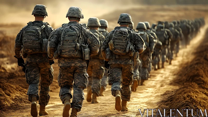 Dusty path carries determined soldiers forward in quiet unity