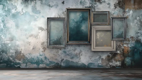 Empty picture frames on textured blue and gray wall surface.