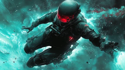 Armored space operative diving through teal energy field.