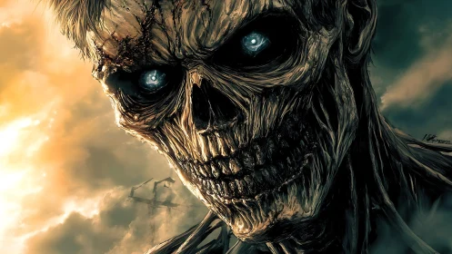 Eroded necrotic titan with luminous ocular cores at dusk.