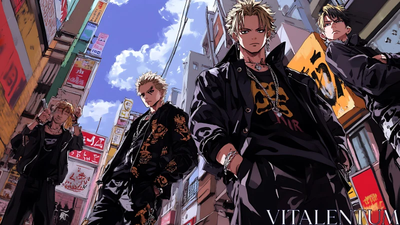 Street gang anime boys in urban alley standoff scene.