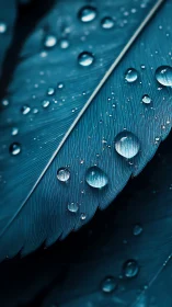 Macro study of teal bird feather with refractive water droplets