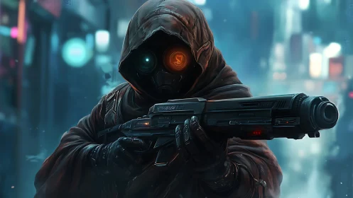 Hooded figure with rifle in blurred futuristic streetscape.