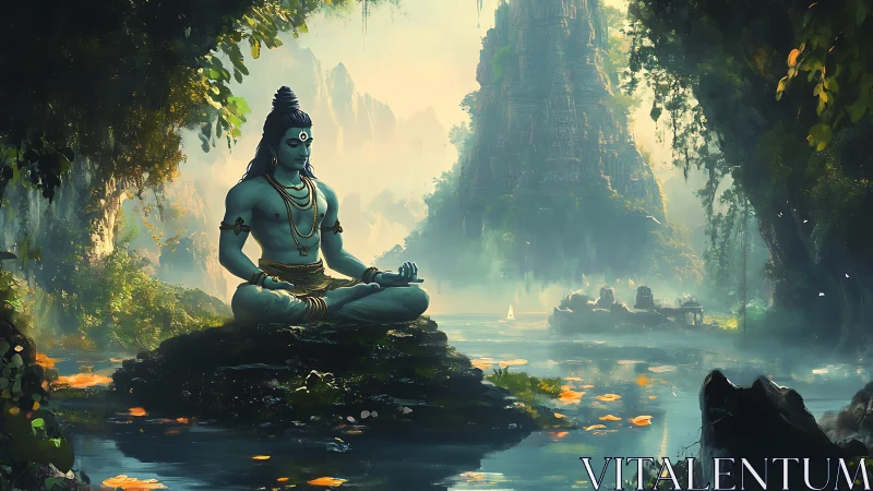 Blue-skinned figure meditating beside reflective forest river