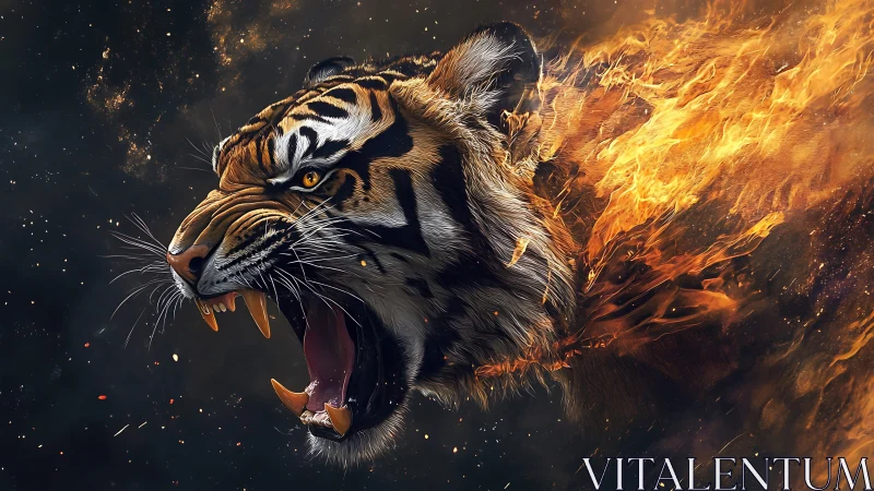 Tiger head erupts in roaring flame across dark void