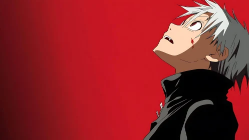 Anime character profile against stark red negative space composition.