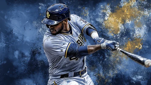 Dynamic baseball slugger in blue kinetic digital artwork.