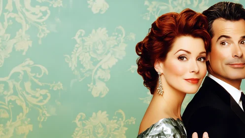 Retro-chic couple pose against mint baroque daydream wall.