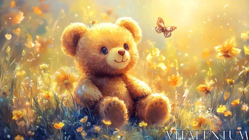 Teddy bear in golden meadow with sunlit butterfly encounter.