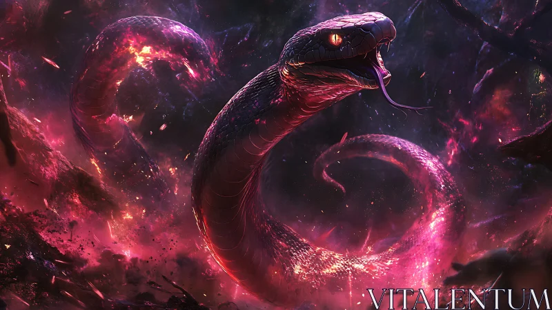 Cosmic serpent vortex in luminous magenta nebular field.