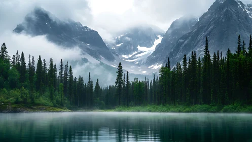 Foggy mountain lake with dense evergreen forest reflection.