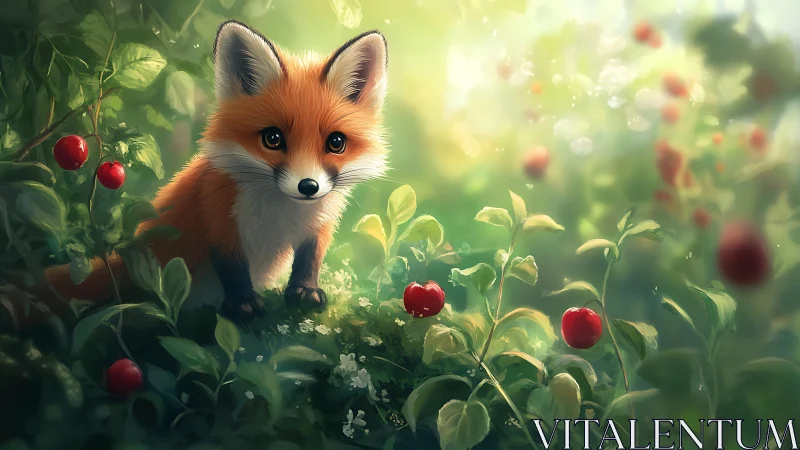 Young red fox in green forest under soft daylight glow.