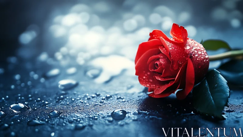 Luminous red rose resting on wet reflective surface at night.