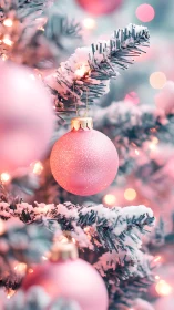 Photorealistic pastel bauble on frosted Christmas fir branch.