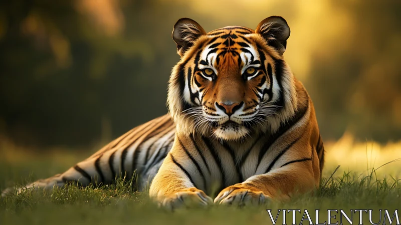 Resting Bengal tiger in warm backlit grassland environment