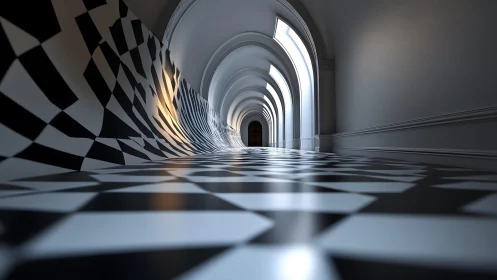 Surreal Checkered Hallway with Distorted Floor and Classical Arches.