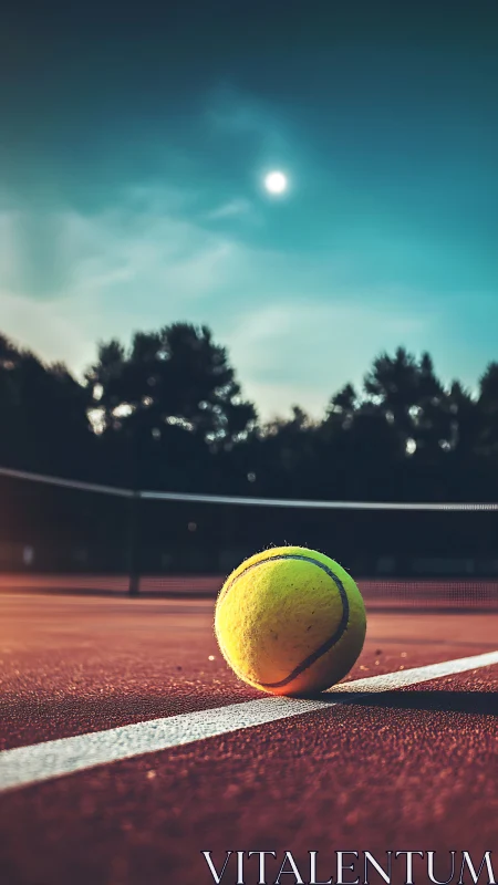 Tennis ball rests on baseline of outdoor hard court surface