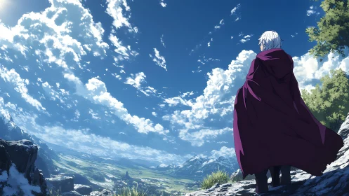 Wanderer in crimson cloak contemplates vast sunlit valley