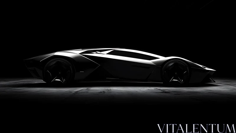 Low key profile render of faceted black hypercar concept.