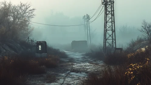 Quiet misty roadside with power lines and autumn brush.
