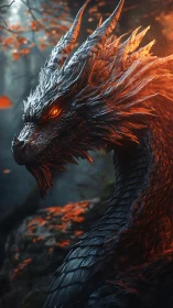 Fiery black dragon profile with glowing eyes in forest