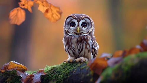 Adorable Owl Perched on Mossy Log in Autumn Forest Photography.