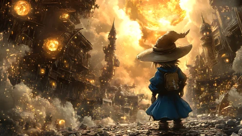 Young mage surveys burning steampunk metropolis under apocalyptic sun