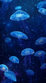 Bioluminescent jellyfish colony in deep blue seawater.