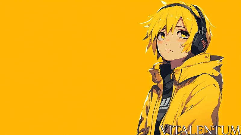 Yellow haired anime teen in headphones stares upward