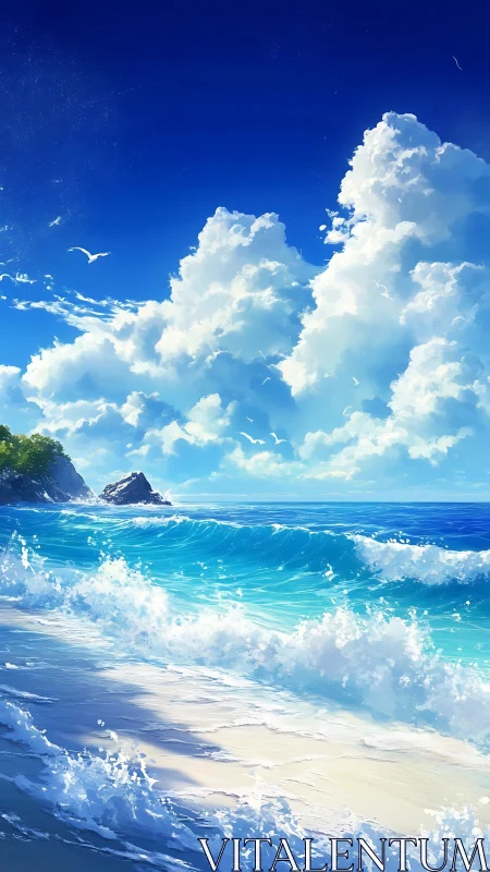 Cloud kingdoms rise above a crystalline turquoise shoreline.