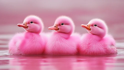 Three fluffy pink ducklings float aligned on calm water