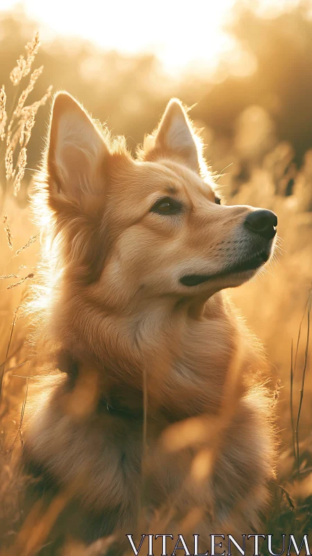 Canine portrait in backlit golden field with shallow depth focus.