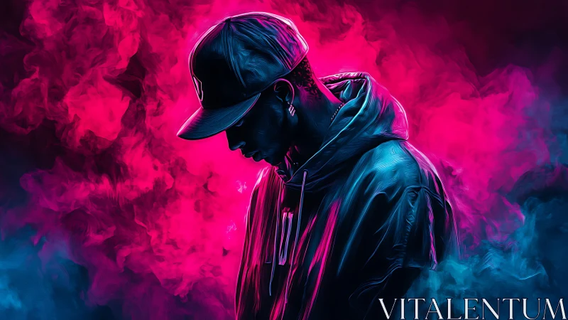 Moody neon portrait of hooded man in cap and smoke.