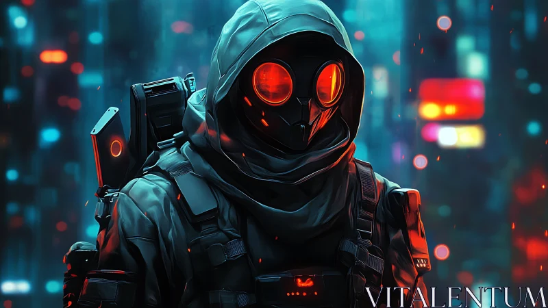 Neon-hooded urban ranger stalks through ember-lit cybernight.