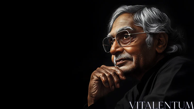 Elderly man with glasses looks right in dramatic side light