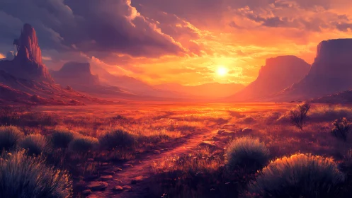 Desert valley sunset ignites sky with molten gold light.