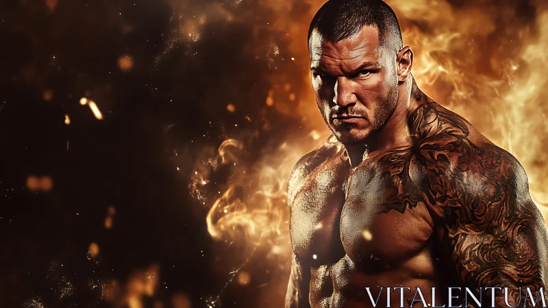 Photorealistic fiery portrait of muscular tattooed fighter figure.