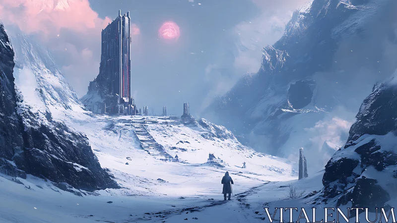 Monolithic tower in frozen exoplanet valley, concept art.