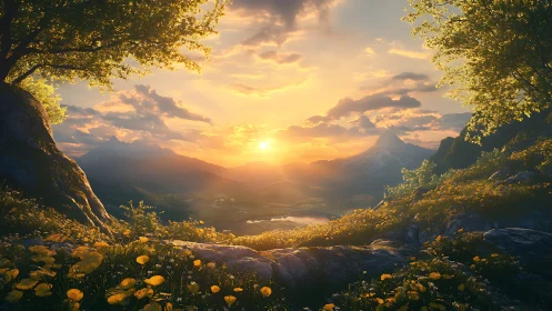 Golden sunset over mountains and wildflower valley landscape.