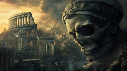 Colossal skull sentinel broods over forsaken imperial ruins.