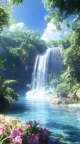 High dynamic range tropical waterfall pool with floral foreground
