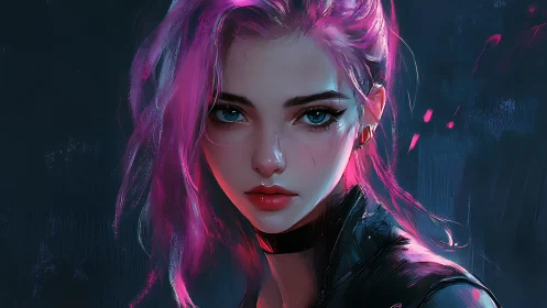 Pink haired cyberpunk portrait with cool blue lighting.