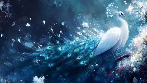 Moonlit white peacock drifting through a dream garden.