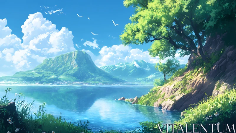 Sunlit lakeside escarpment overlooks distant verdant massif