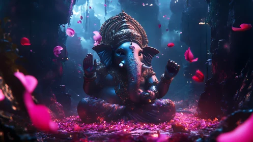 3D luminous Ganesha idol in mystical rose-petal cavern.